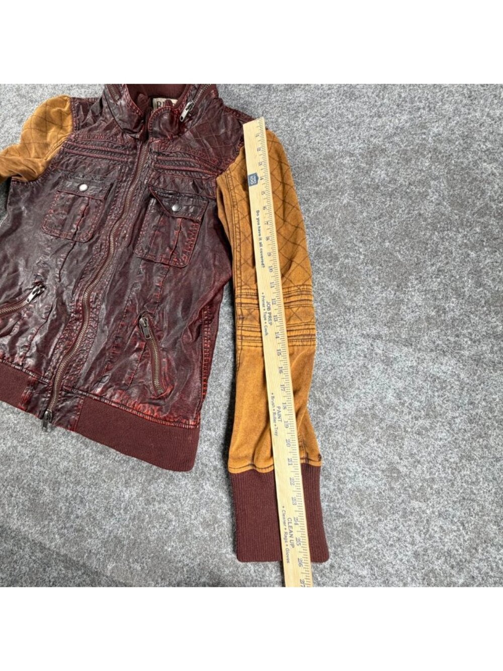 BKE Pieced Full-Zip Jacket Womens XL Burgundy Mustard Faux Leather Ribbed Trim - Picture 14 of 16